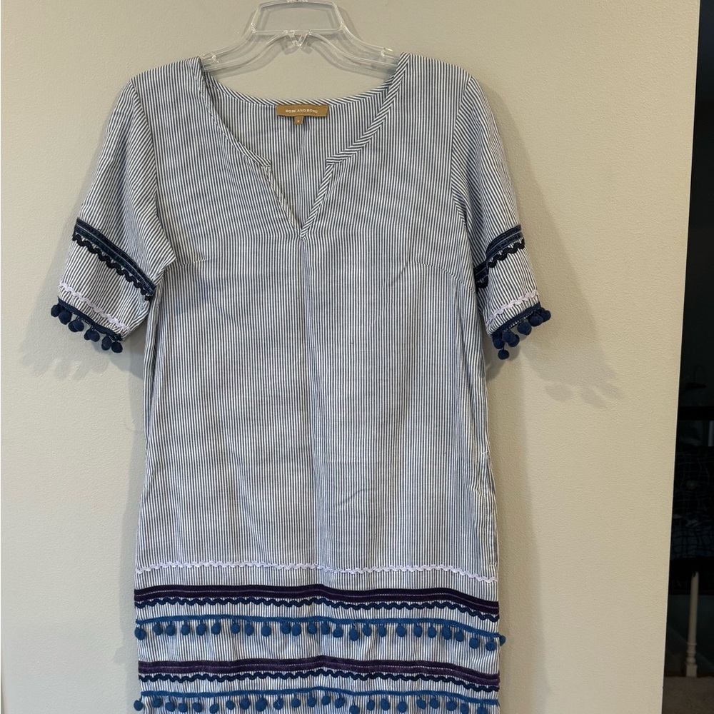 Rose and Rose Blue Shift Dressl loose fit peasant boho Size Small pom pom